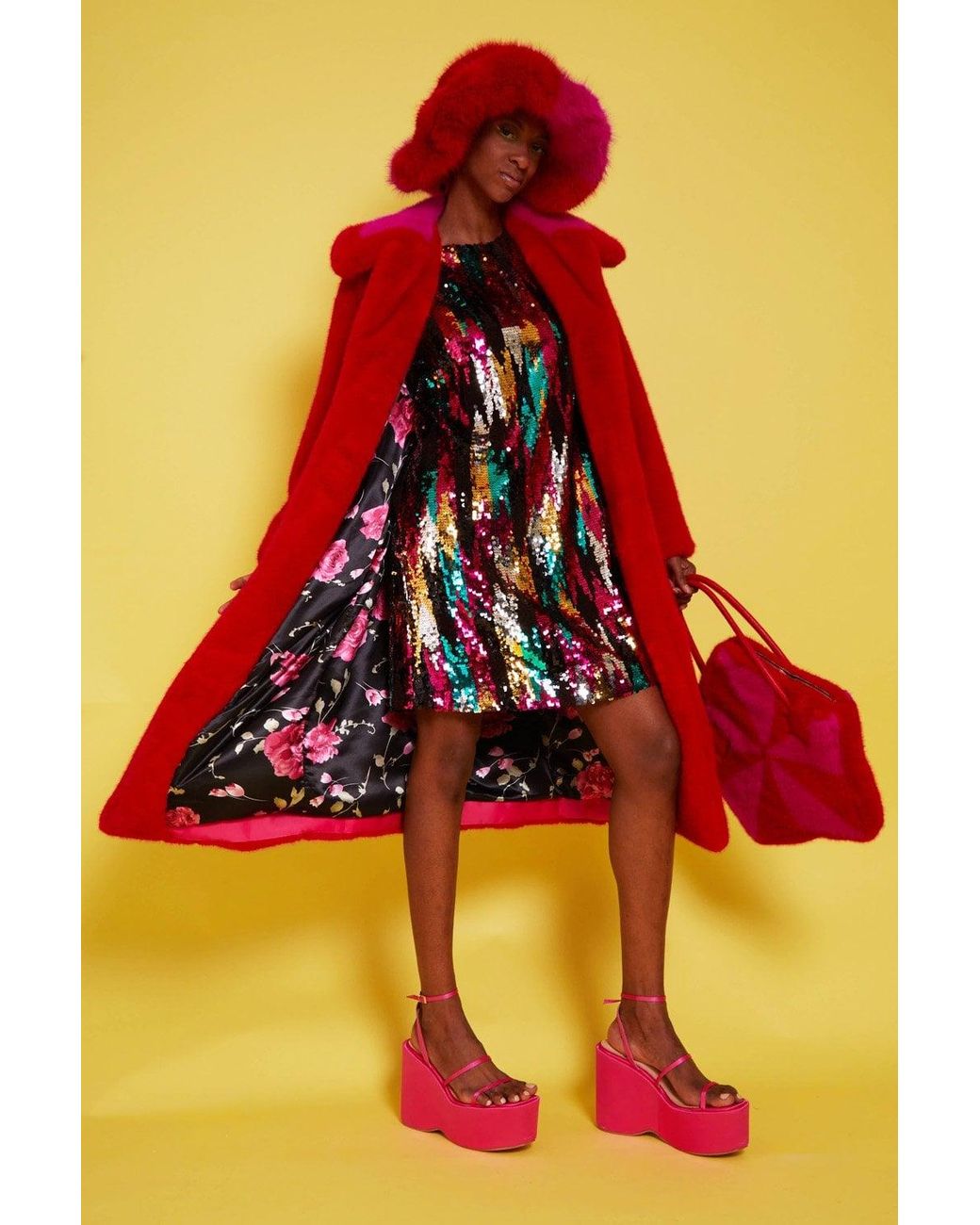 Jayley Orange Bamboo Faux Fur Midi Coat With Collar