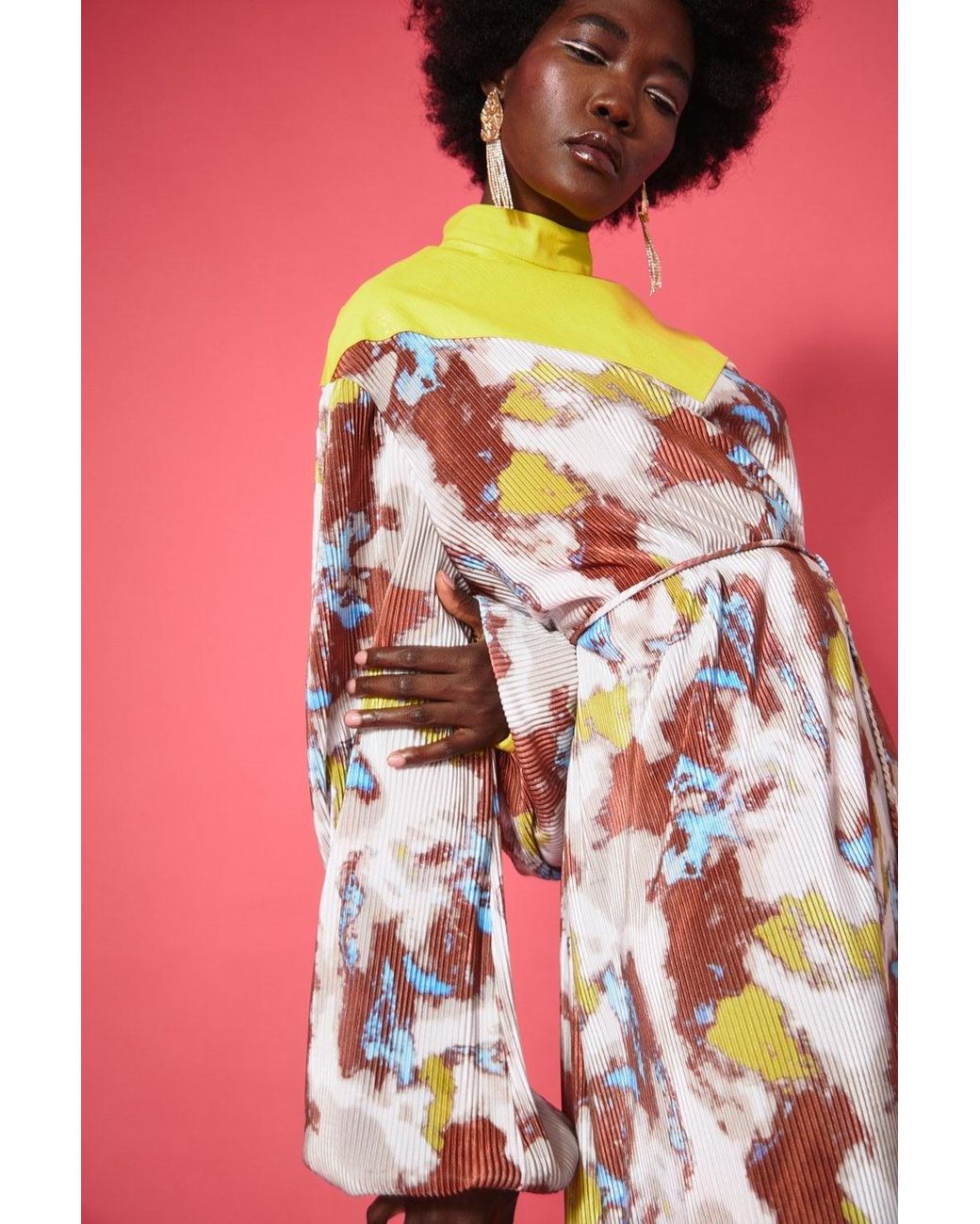 Jayley Pink Multi Colour High Neck Maxi Dress