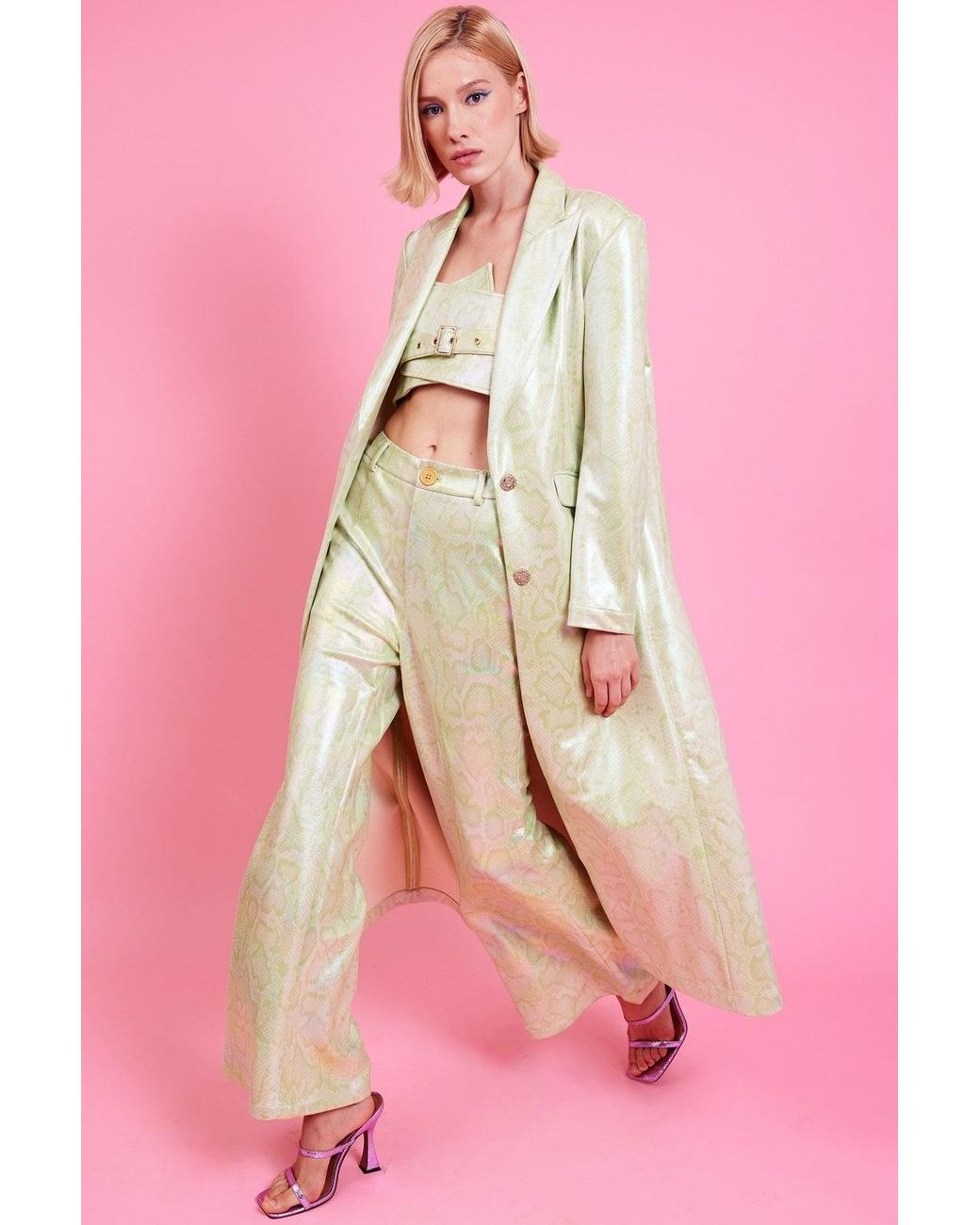 Jayley Pink Minte Faux Suede Metallic Luxury Maxi Loose Fit Trench Co