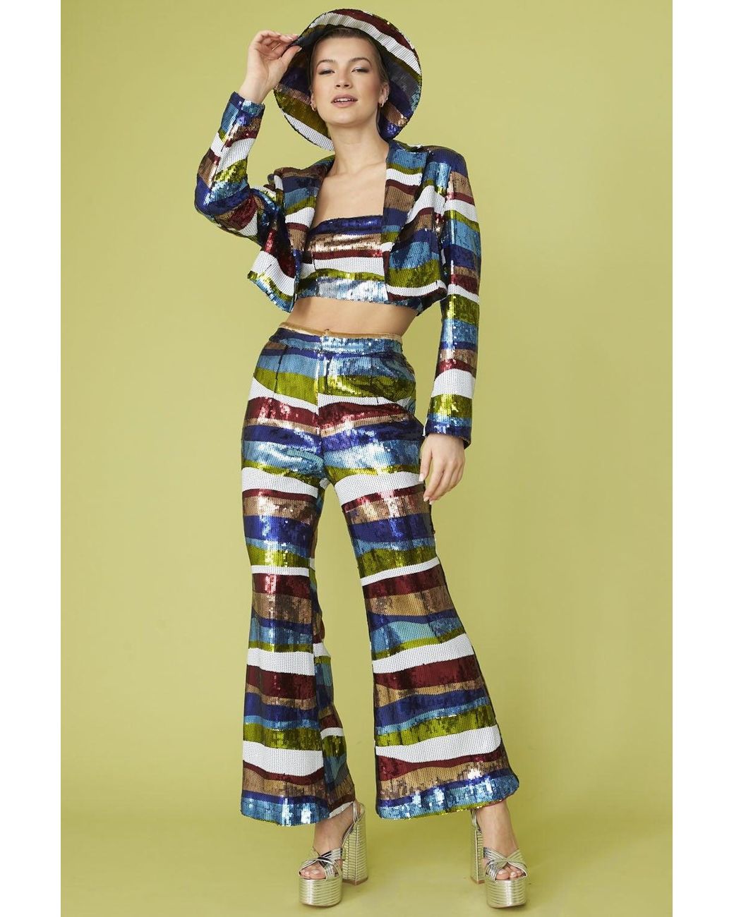 Jayley Green Multi-Coloured Geometric Sequin Flares