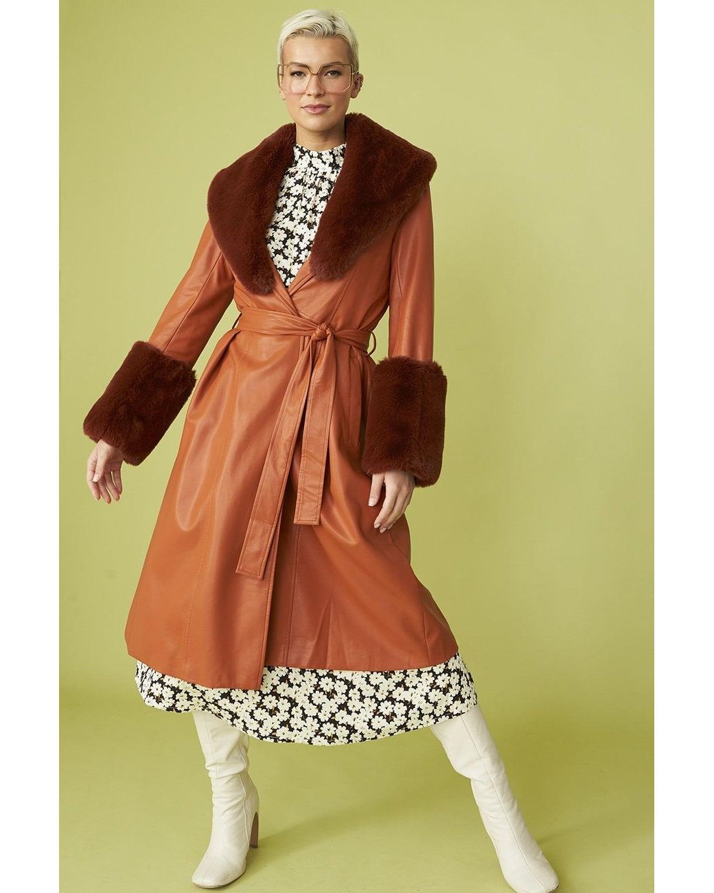 Jayley Green Trench Style Belted Coat With Faux Fur Cuffs And Collar S