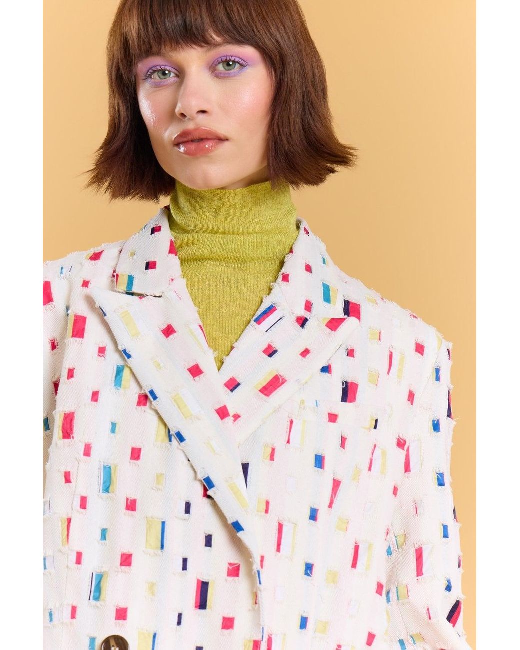 Jayley Natural Eco Cotton Denim Geometric Trench Blazer