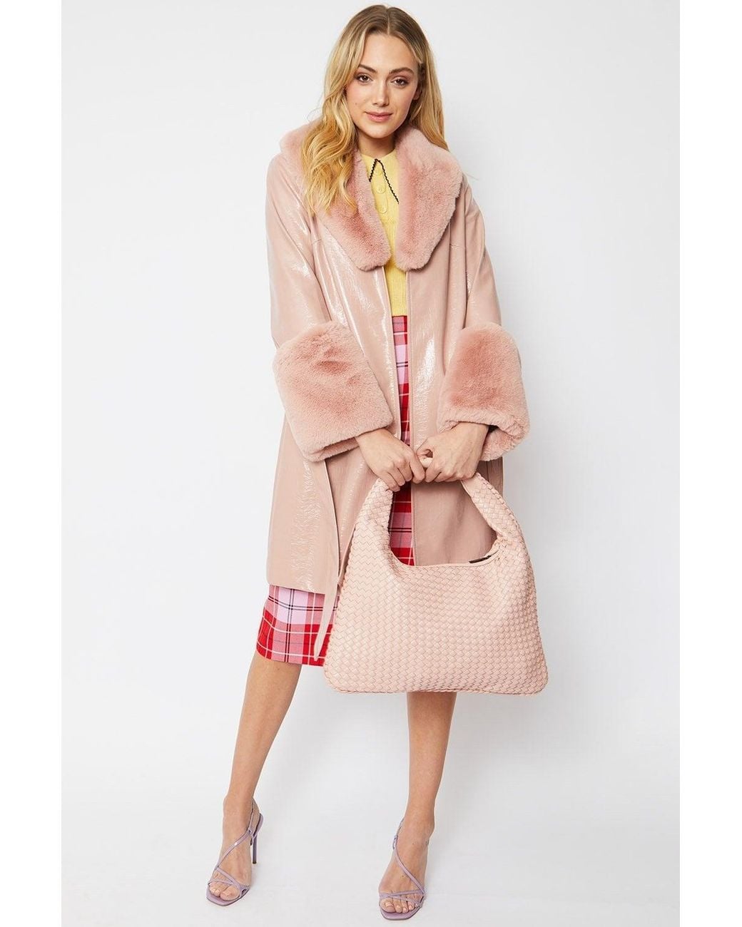 Jayley Pink Luxury Faux Leather Aubrey Coat With Detachable Faux Fur C