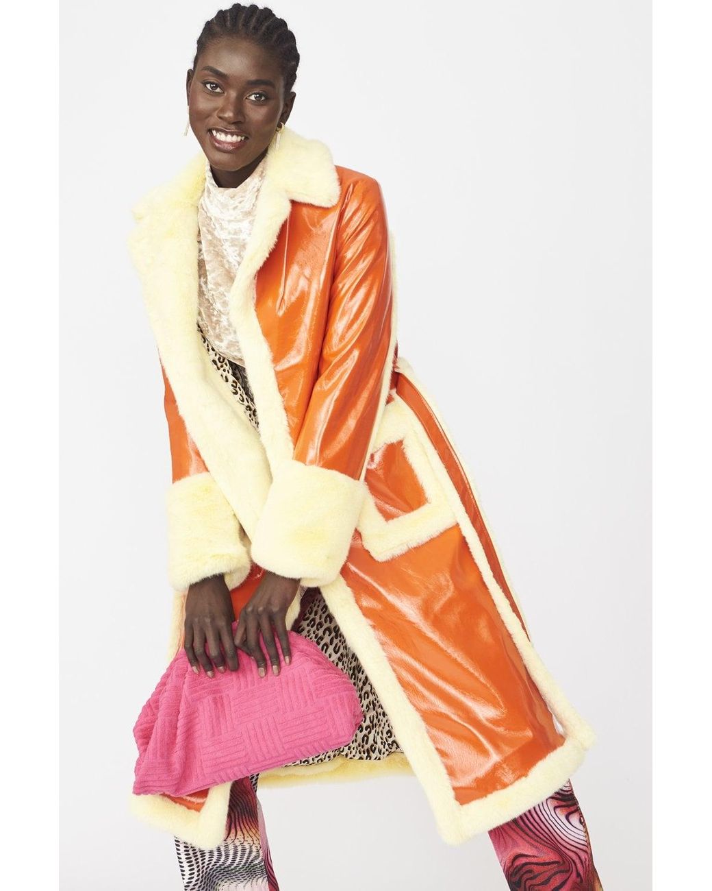 Jayley Orange Faux Fur And Faux Suede Trench Coat