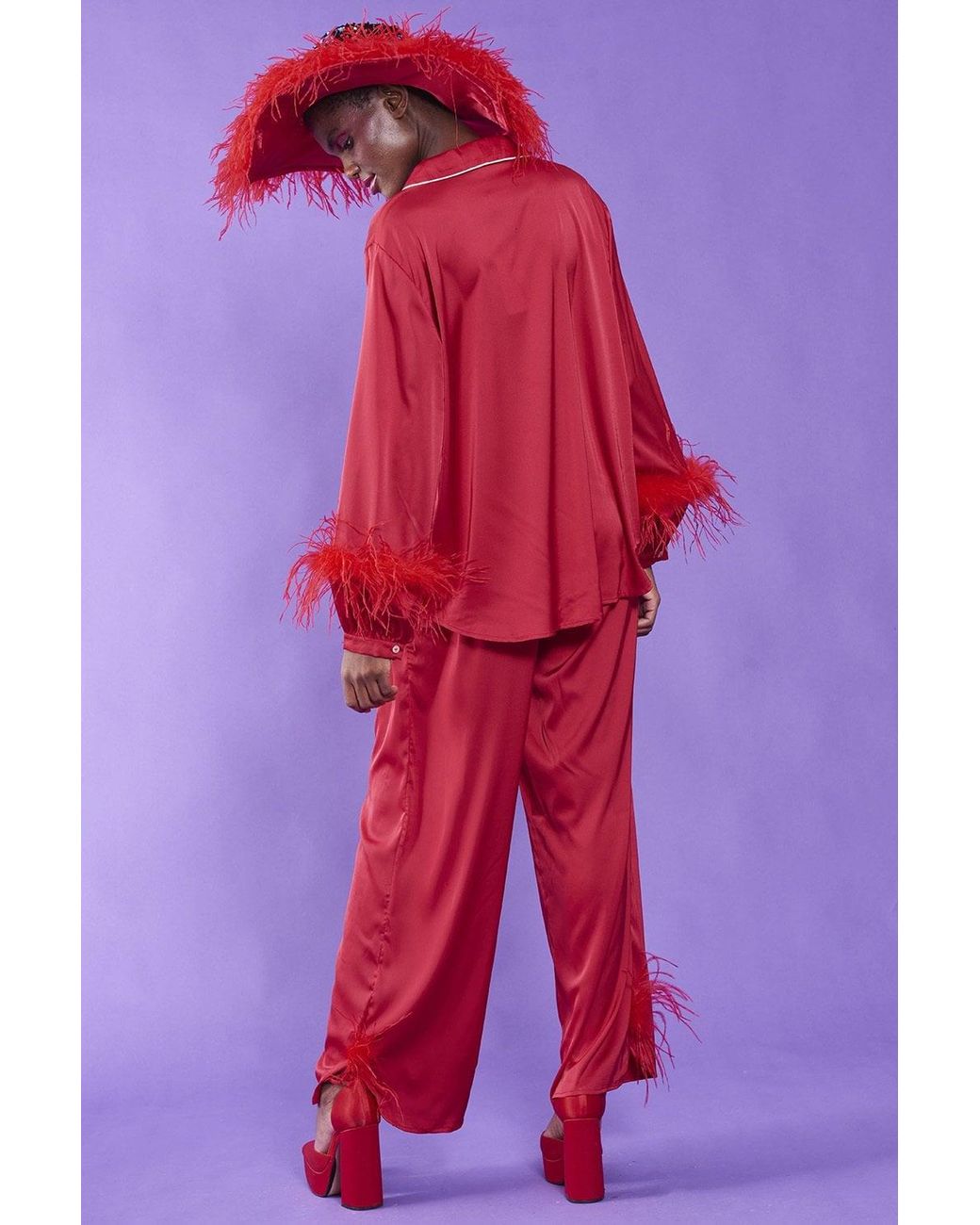 Jayley Red Silk Pyjamas With Feather Trim