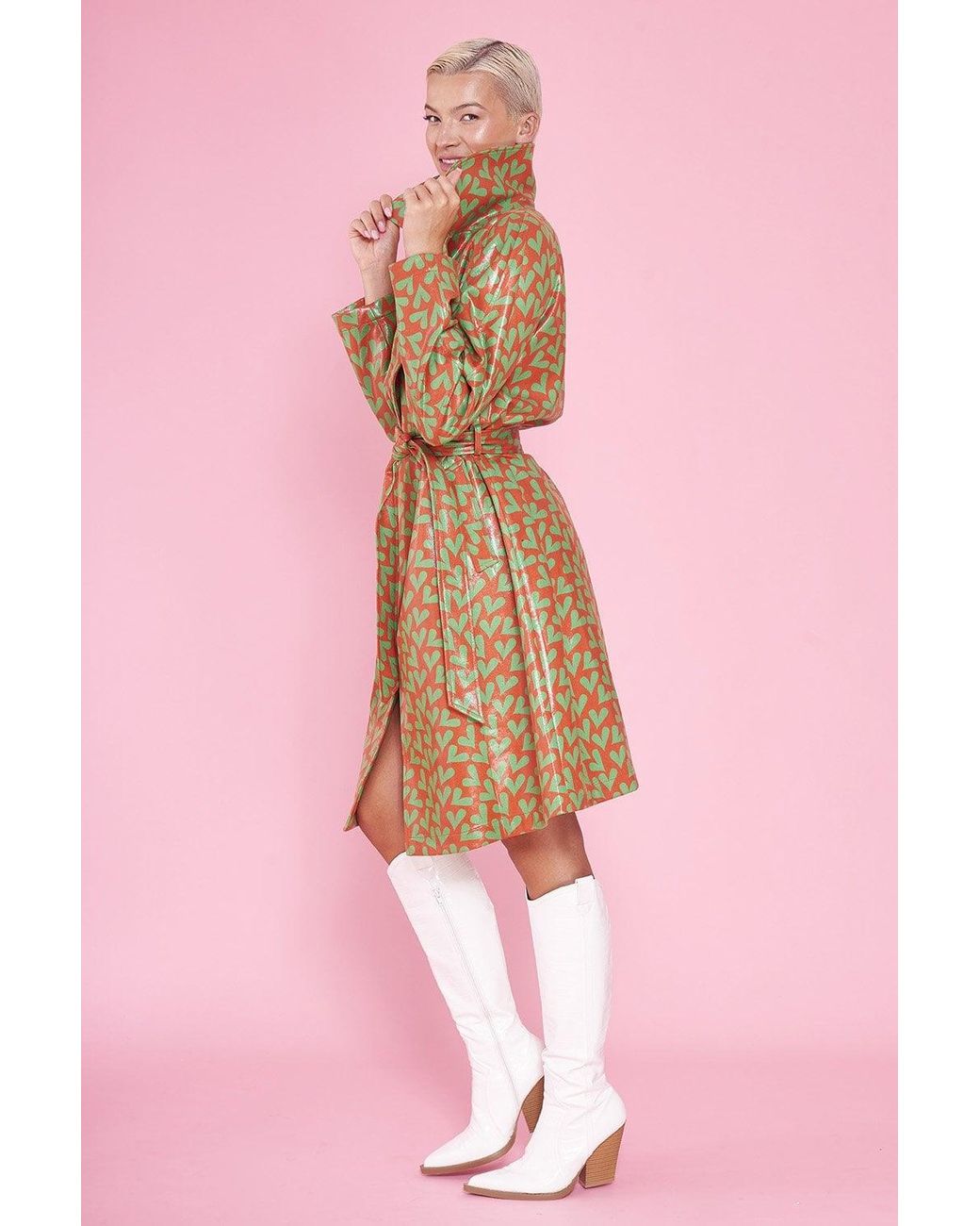 Jayley Pink Faux Suede Heart Print Trench Coat