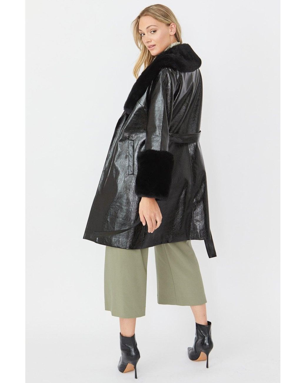 Jayley Green Luxury Faux Leather Aubrey Coat With Detachable Faux Fur
