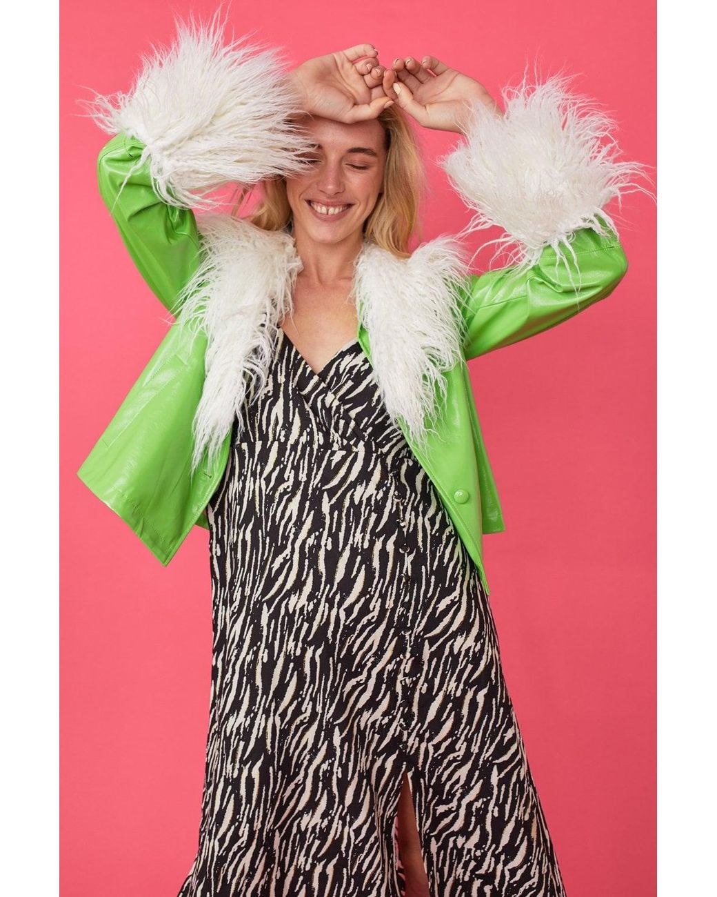 Jayley Green Faux Leather Biker Jacket With Mongolian Fur Cuffs And Co