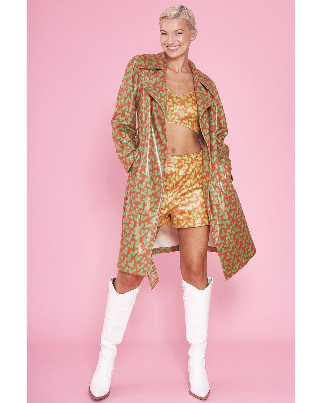 Jayley Pink Faux Suede Heart Print Trench Coat