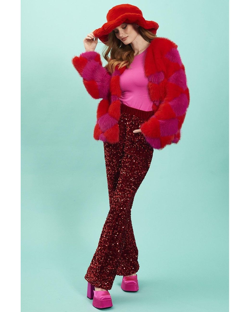 Jayley Red Delilah Diamond Faux Fur Jacket