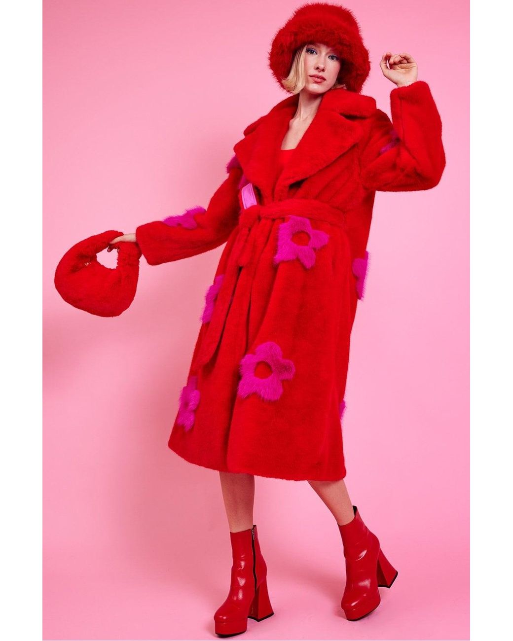 Jayley Red Faux Fur Long Coat