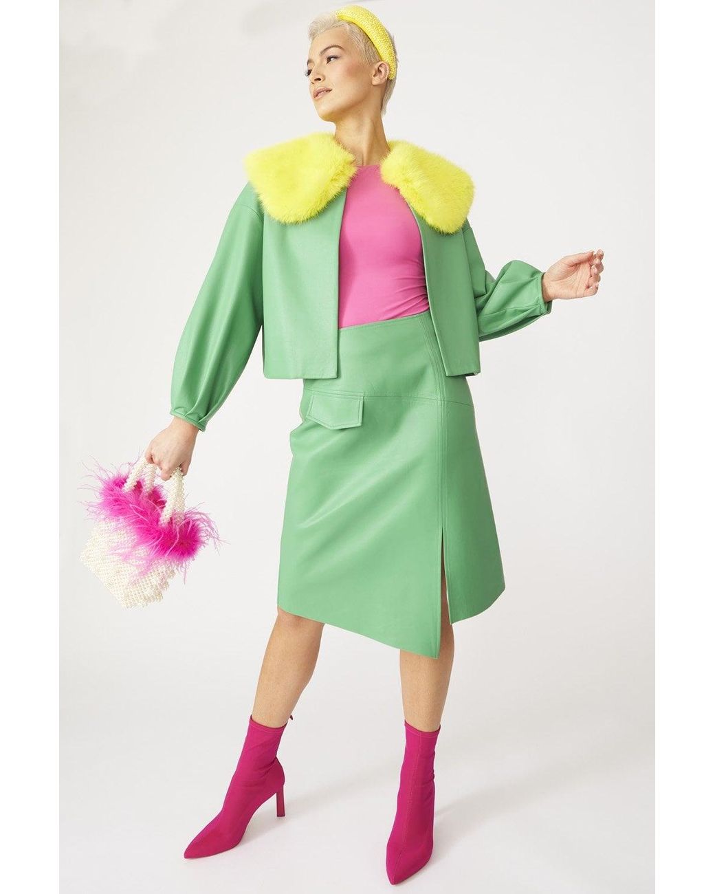Jayley Green Faux Leather Jacket With Fur Collar