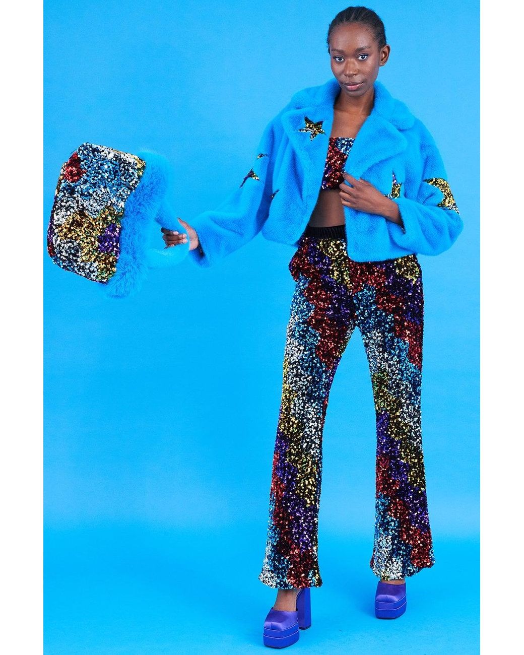 Jayley Blue Bamboo Faux Fur Sequins Star Jacket