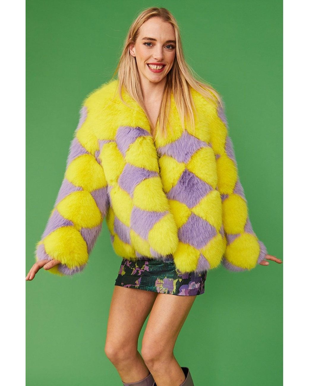 Jayley Yellow Delilah Diamond Faux Fur Jacket