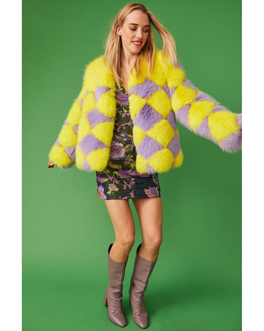 Jayley Yellow Delilah Diamond Faux Fur Jacket