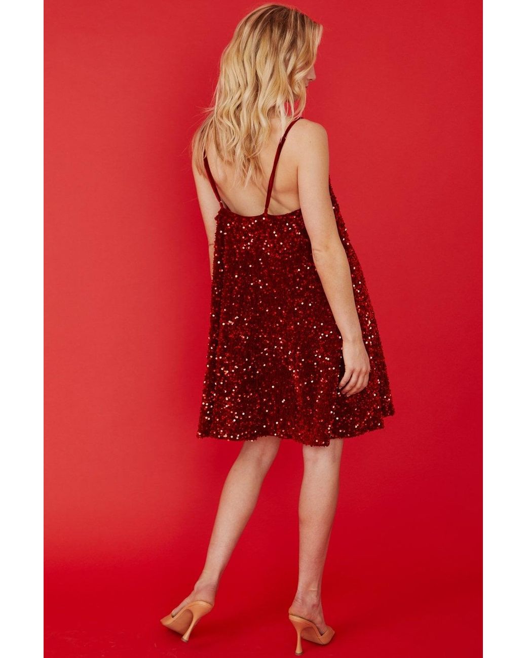 Jayley Red Sequin Cami Ruffle Dress