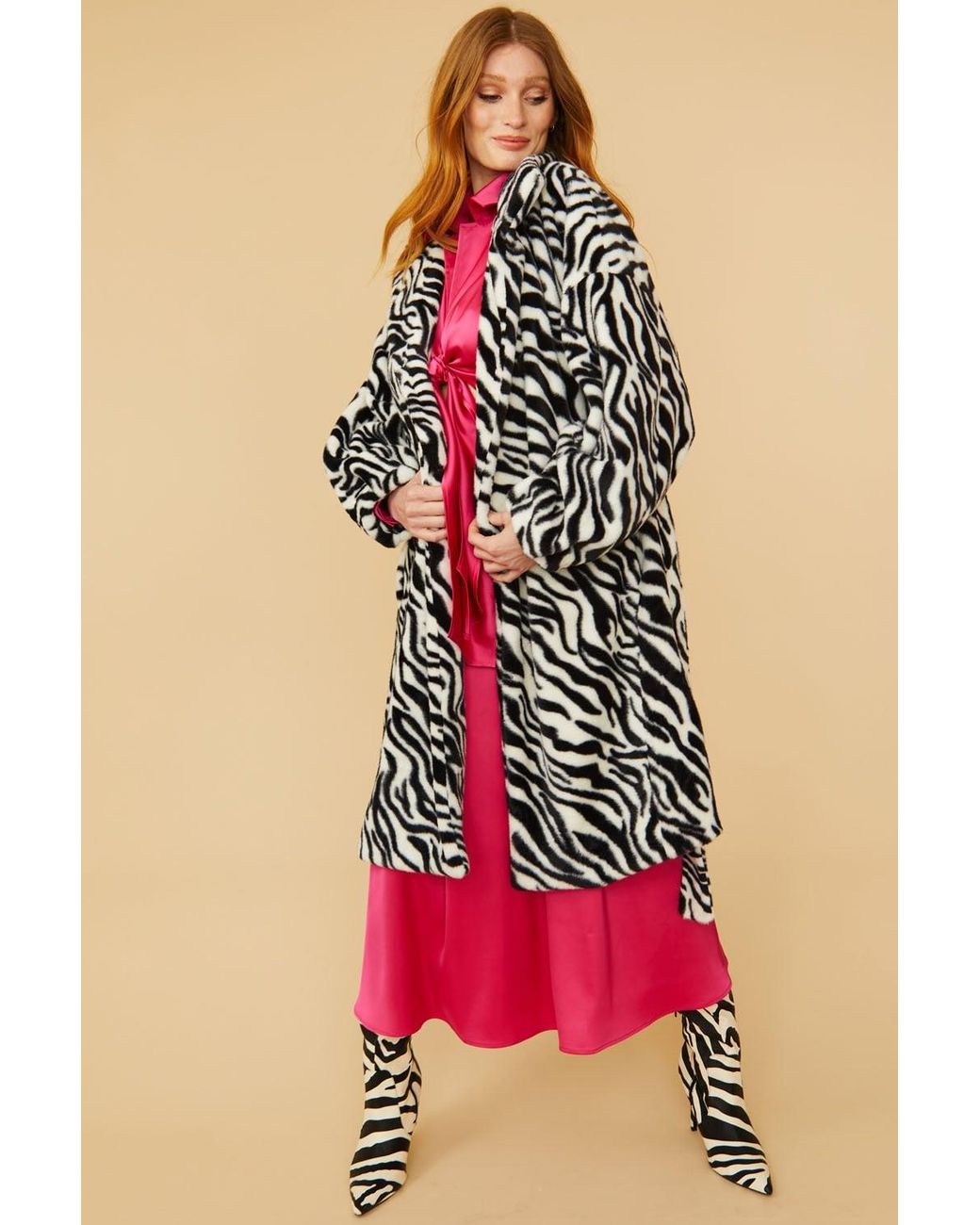 Jayley Red Zebra Print Faux Fur Midi Coat With Belt