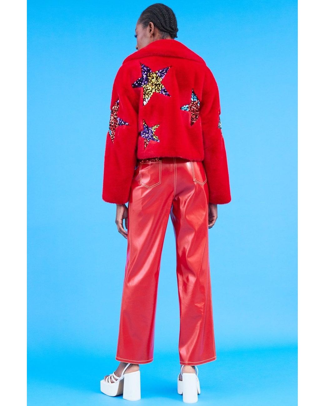 Jayley Blue Bamboo Faux Fur Sequins Star Jacket