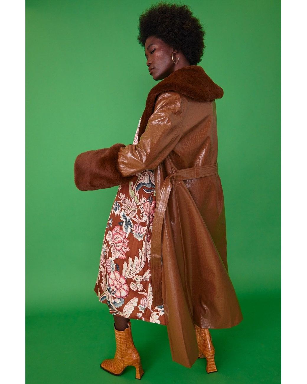 Jayley Green Chocolate Faux Leather Jacket With Detachable Faux Fur Cuffs &A