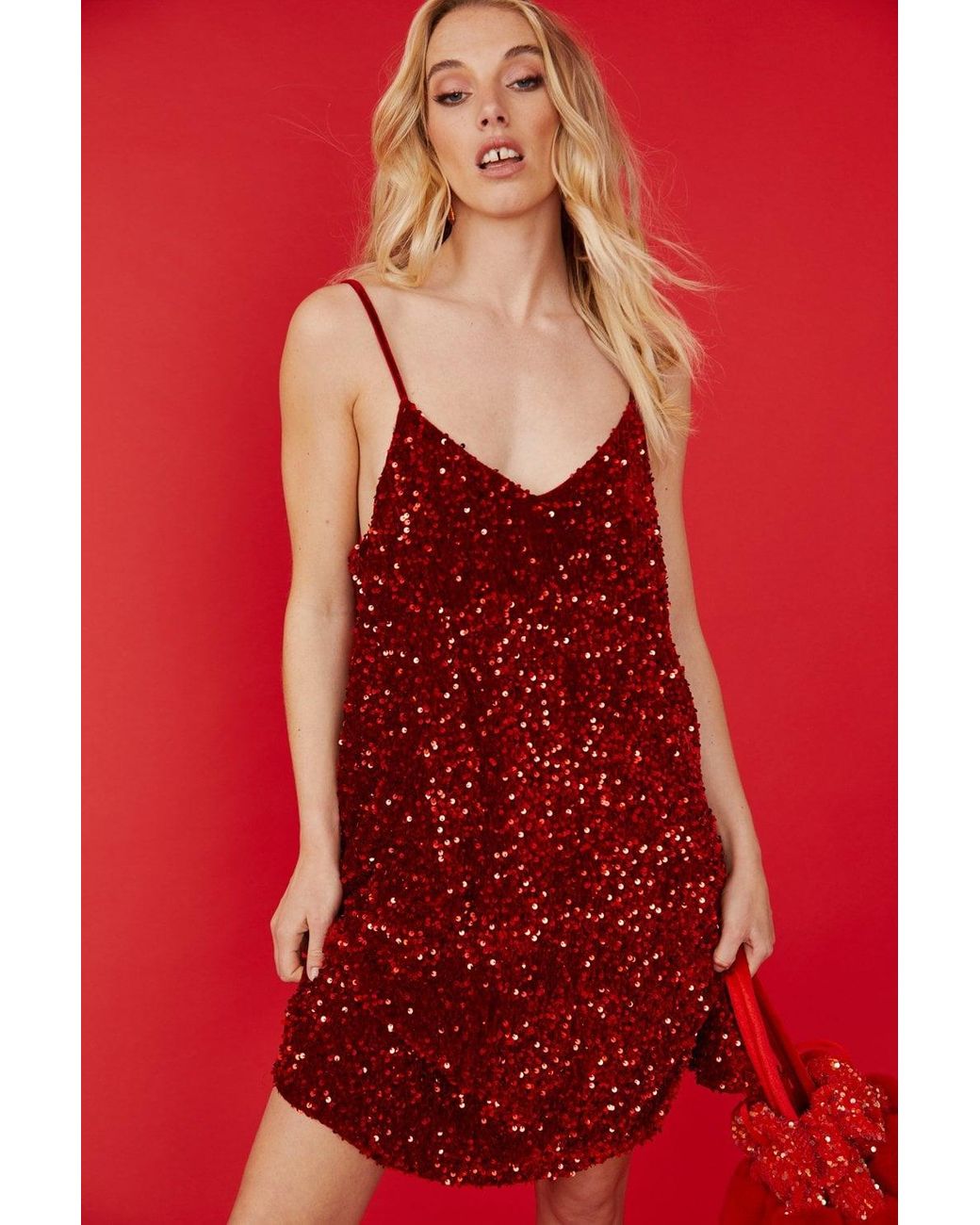 Jayley Red Sequin Cami Ruffle Dress