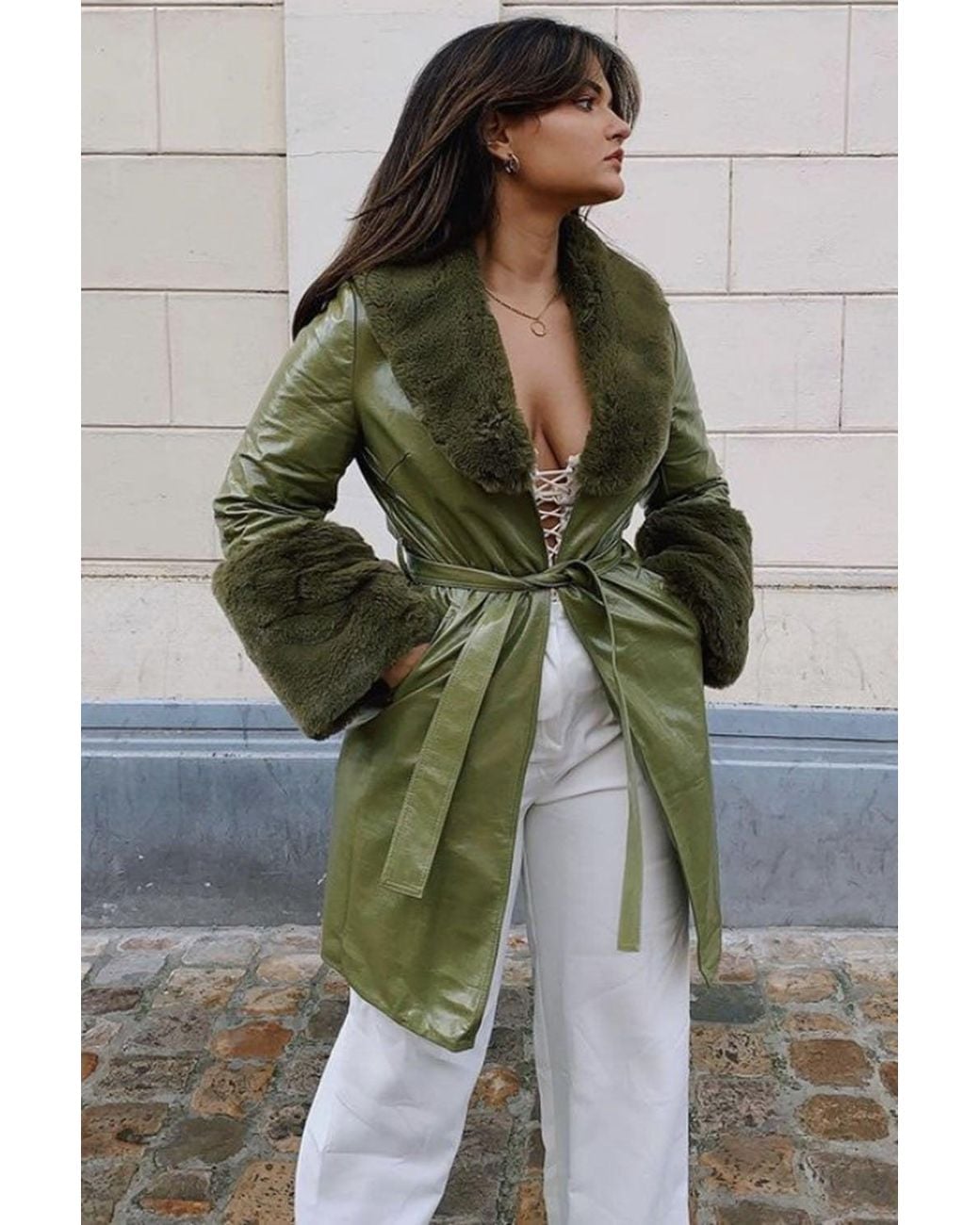 Jayley Green Faux Suede Alina Midi Coat With Faux Fur Cuffs And Collar