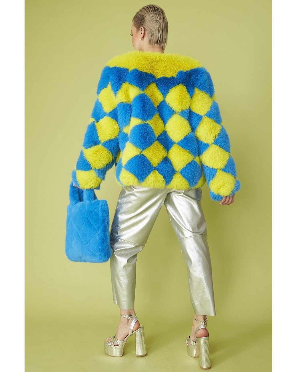 Jayley Yellow Hand Made Faux Fur Diamond Coat