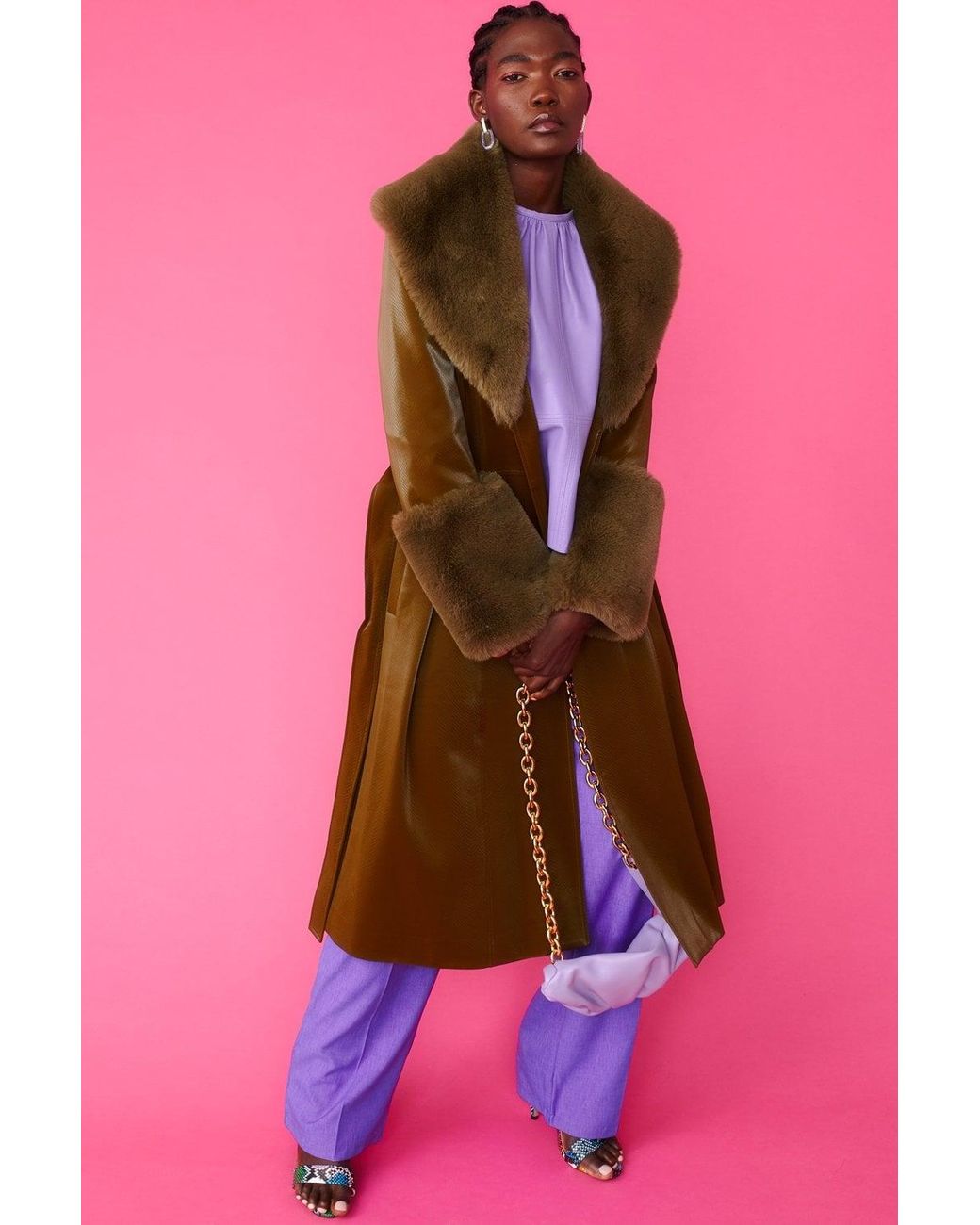 Jayley Pink Faux Suede Trench Coat With Detachable Faux Fur Collar &A