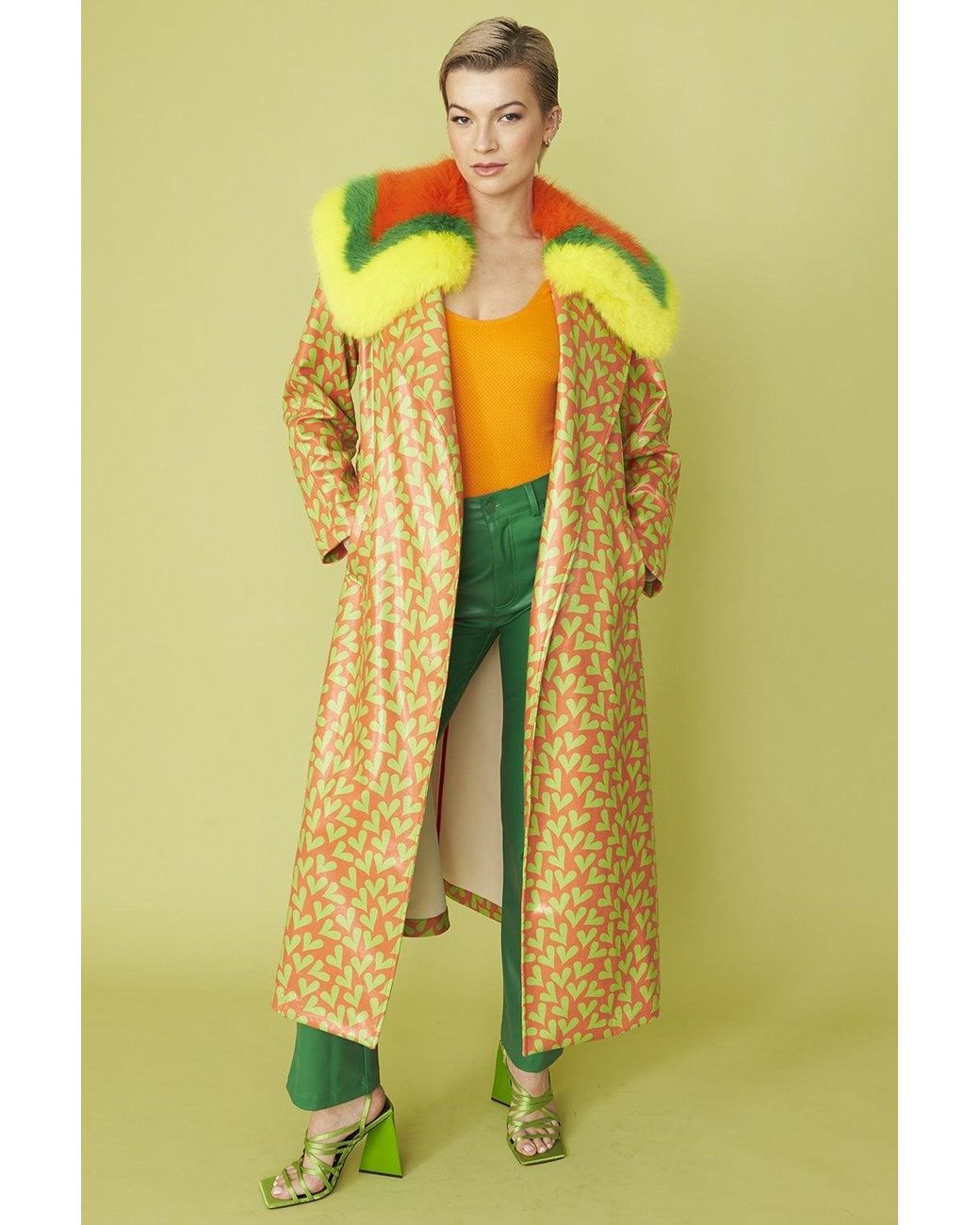 Jayley Yellow And Love Heart Trench Coat With Oversized Faux Fur