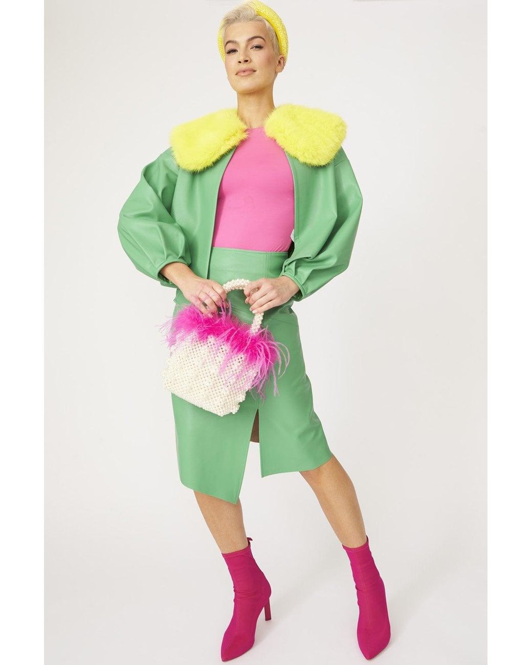 Jayley Green Faux Leather Jacket With Fur Collar