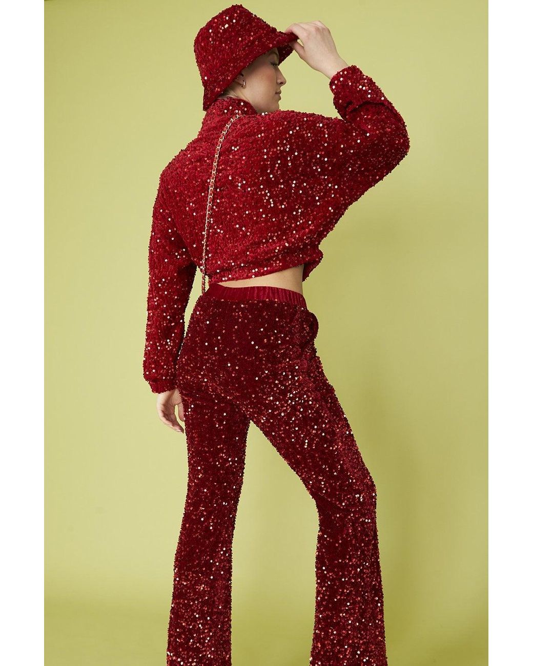 Jayley Red Sequin Cropped Biker Jacket
