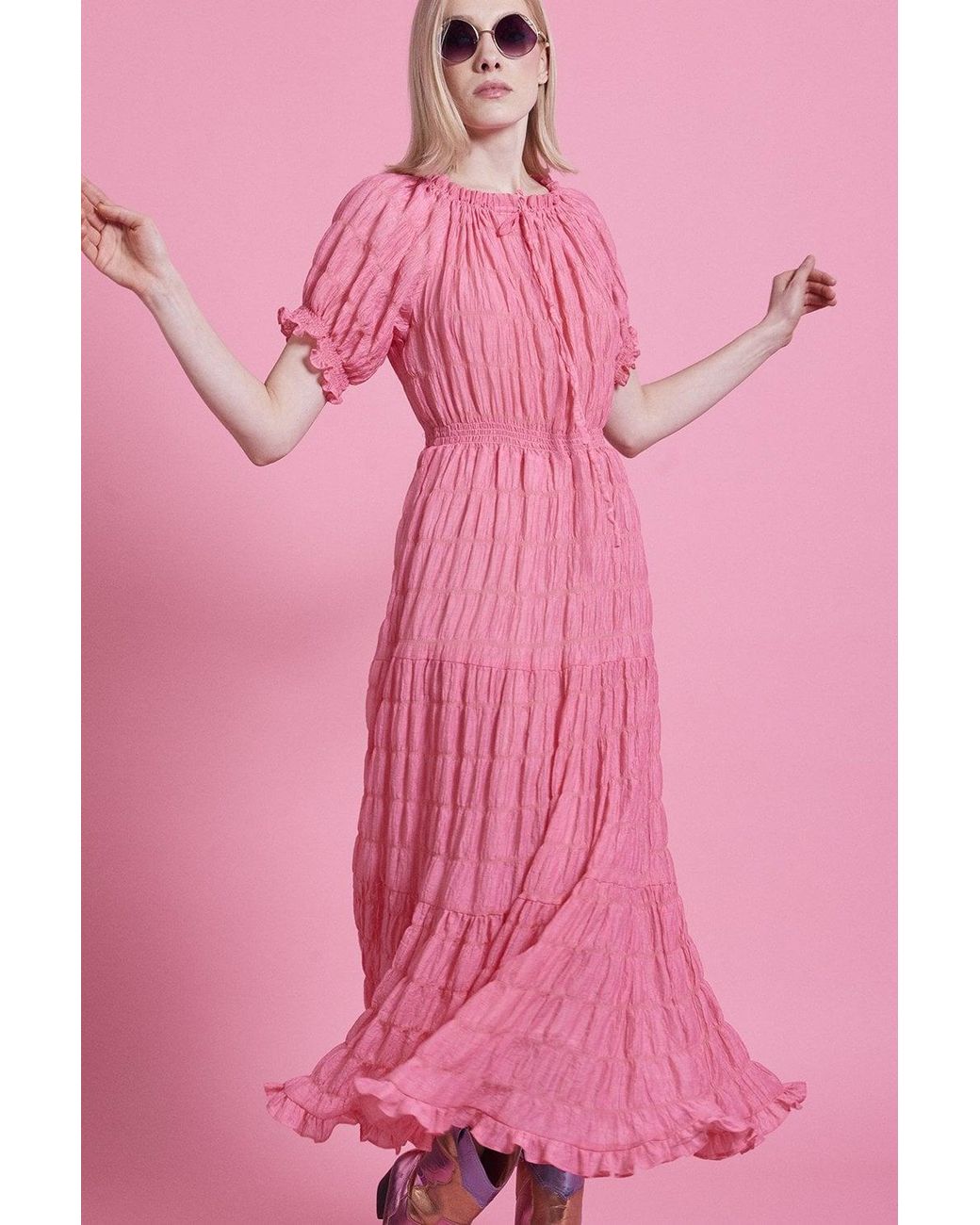 Jayley Pink Silk Blend Maxi Ruffle Dress