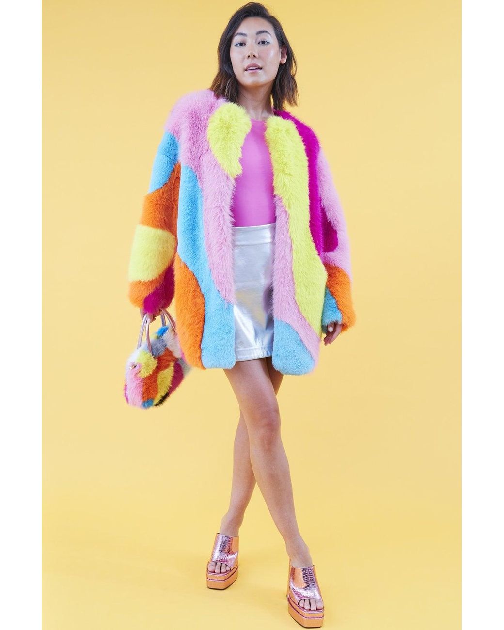 Jayley Orange Faux Fur Multi-Coloured Coat