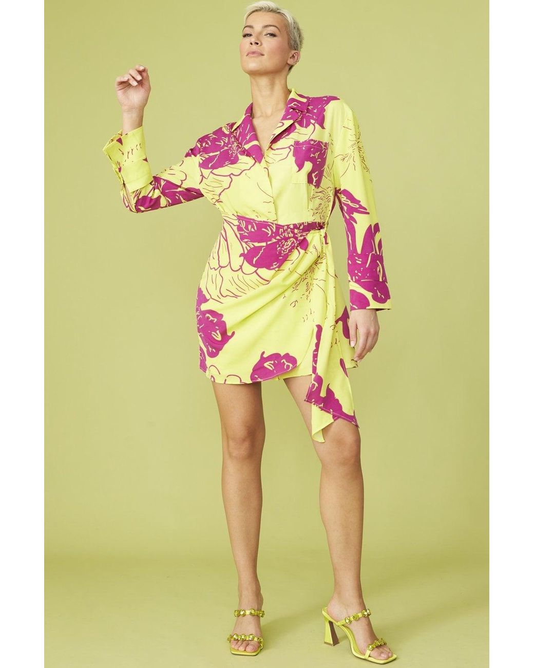 Jayley Yellow Rayon Blend Sienna Floral Mini Shirt Dress