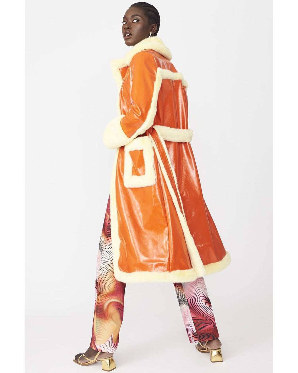 Jayley Orange Faux Fur And Faux Suede Trench Coat