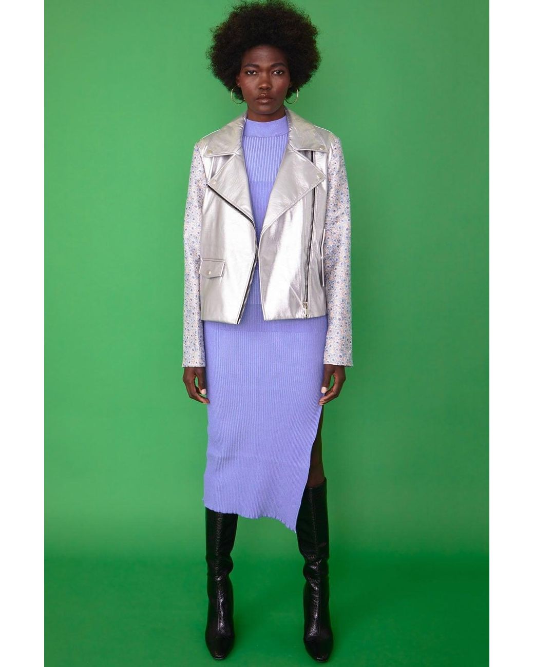 Jayley Green Biker Jacket With Floral Embroidered Sleeves And Back Si