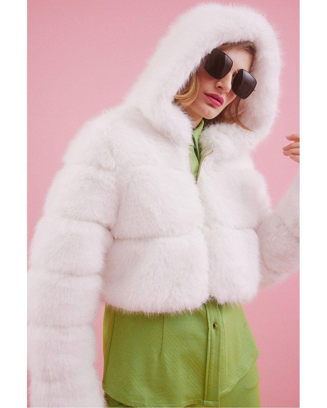 Jayley Pink Hooded Bamboo Faux Fur Puffer Coat