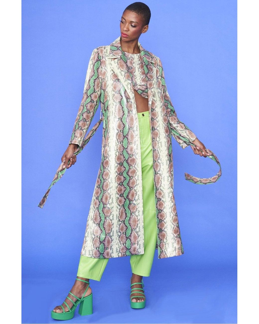 Jayley Blue Snake Print Beltedtrent Coat