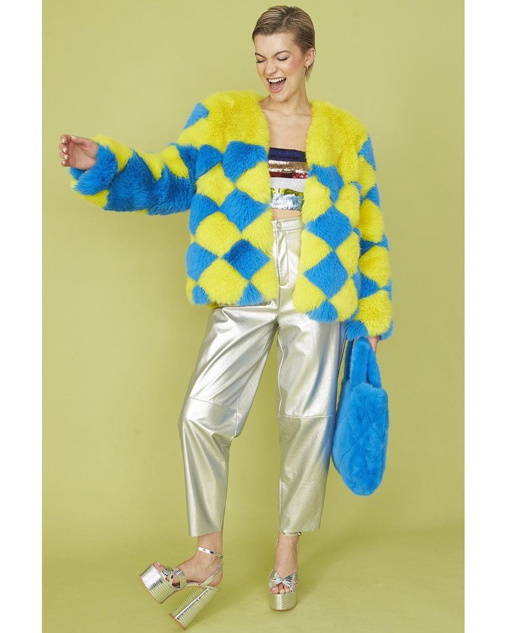Jayley Yellow Hand Made Faux Fur Diamond Coat
