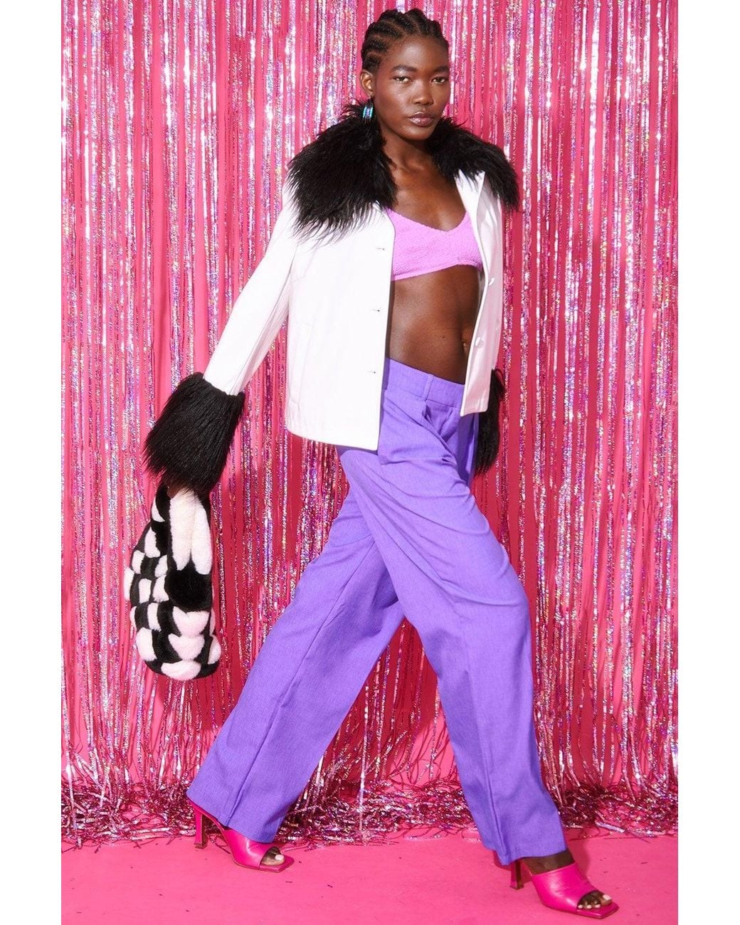 Jayley Pink And Faux Leather Biker Jacket With Mongolian Fur Cu