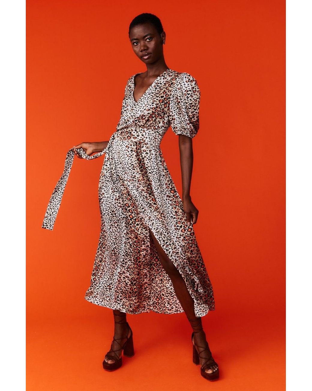Jayley Orange Silk Blend Animal Print Maxi Wrap Dress