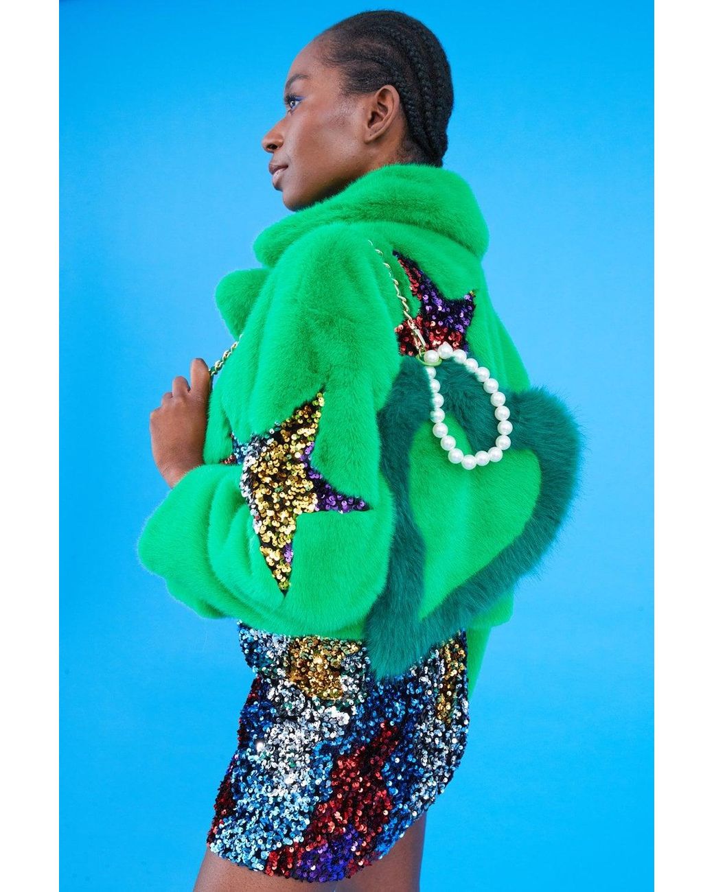 Jayley Blue Bamboo Faux Fur Sequins Star Jacket