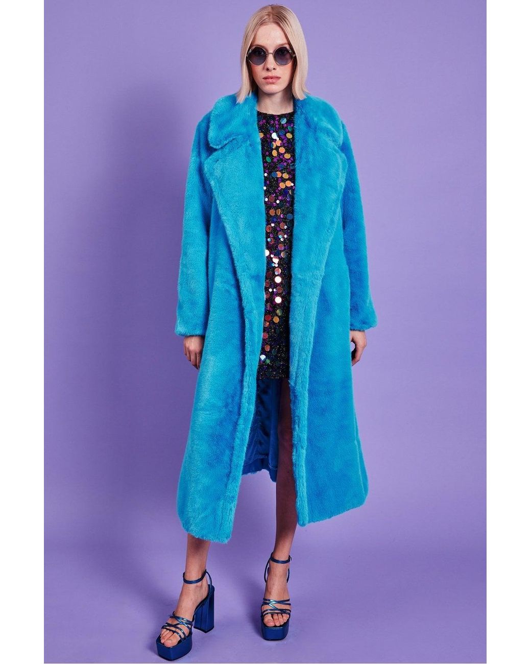 Jayley Blue Faux Fur Maxi Trench Coat With Belt