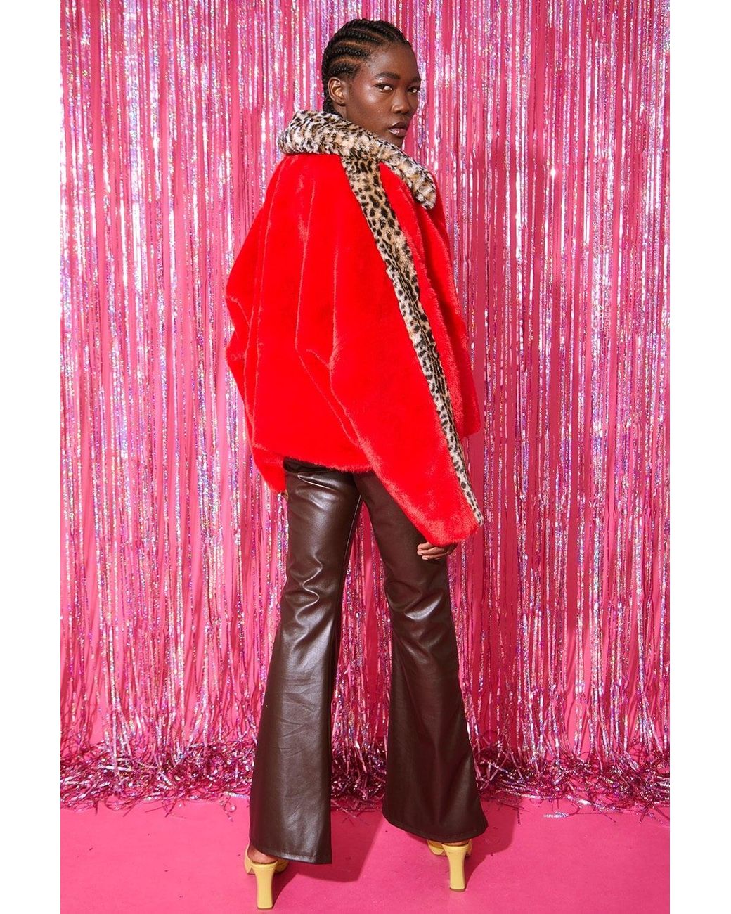 Jayley Red And Leopard Print Faux Fur Coat