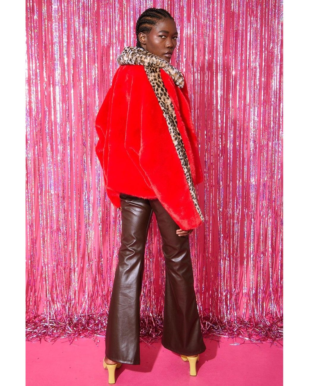 Jayley Red And Leopard Print Faux Fur Coat