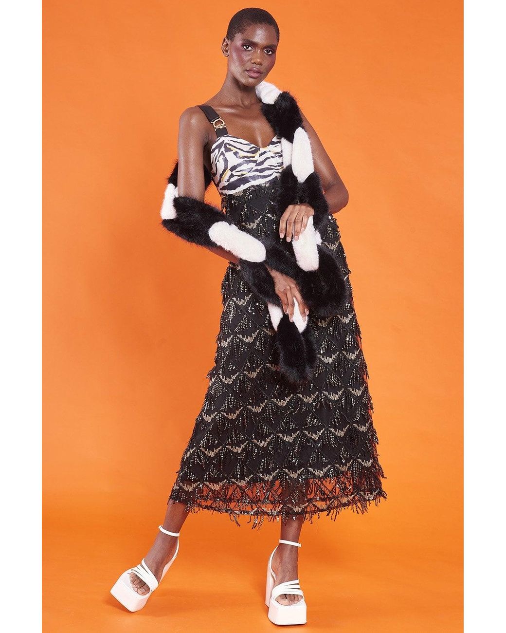 Jayley Orange Zebra Print Sequin Tassel And Eco Leather Maxi Dress Size