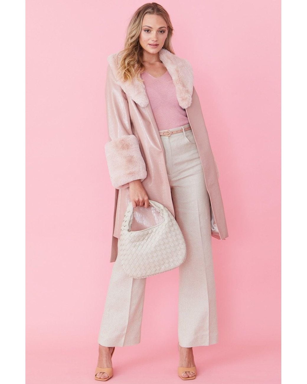 Jayley Pink Luxury Faux Leather Aubrey Coat With Detachable Faux Fur C