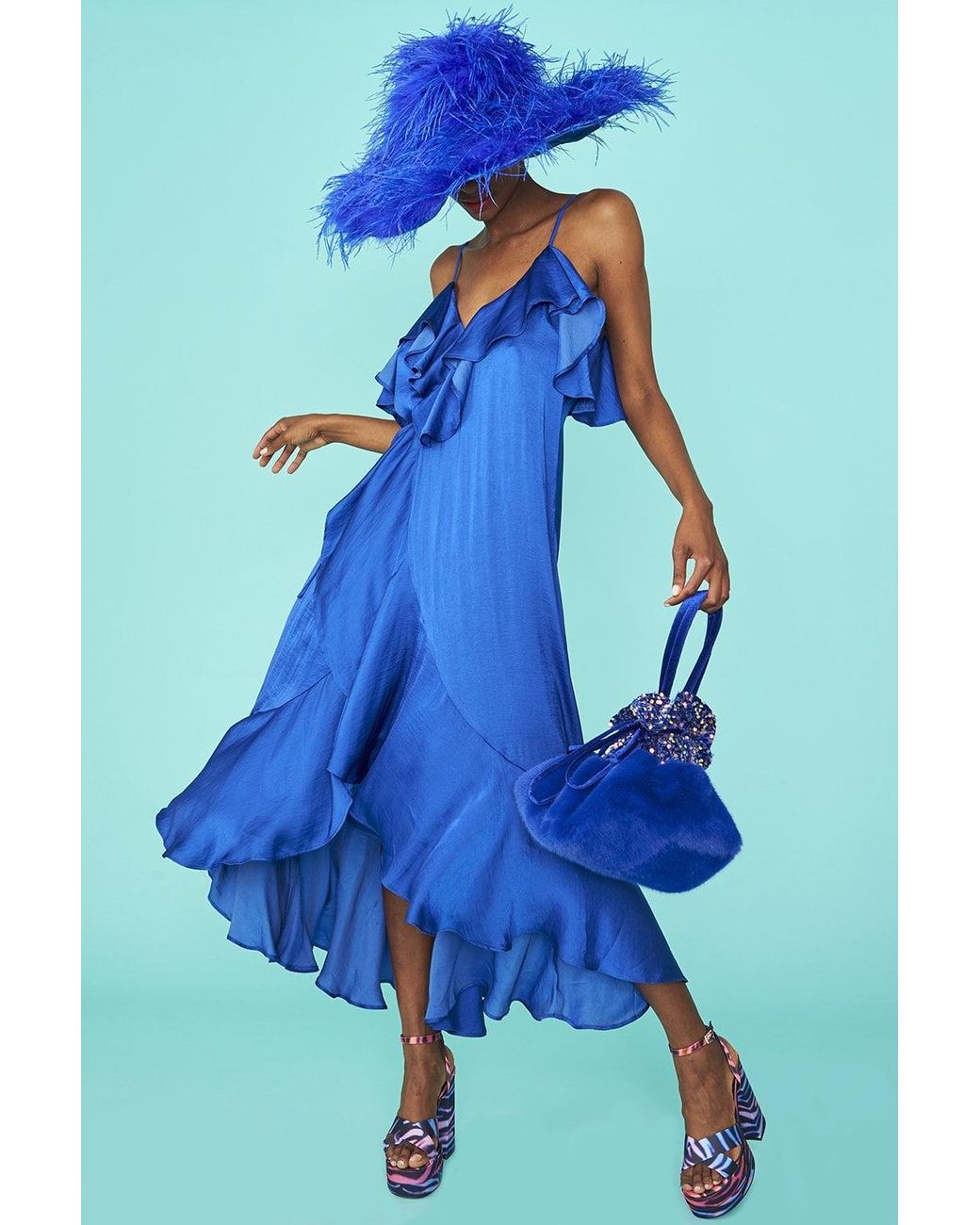 Jayley Blue Silk Blend Maxi Ruffle Dress