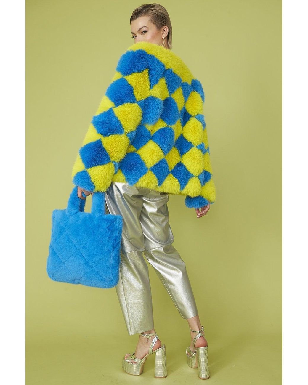 Jayley Yellow Hand Made Faux Fur Diamond Coat
