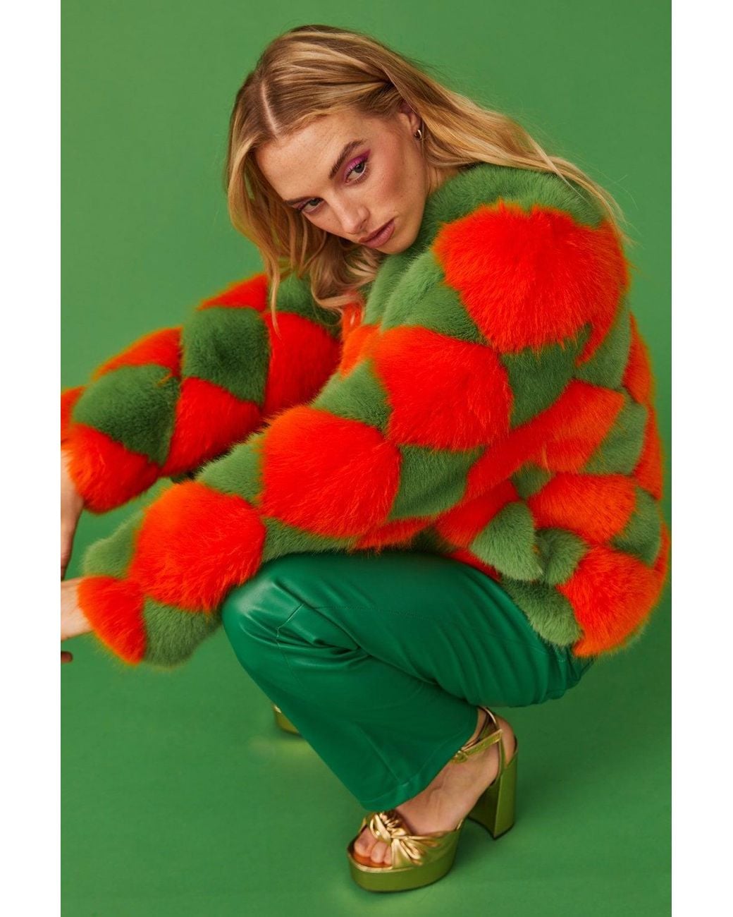 Jayley Green Delilah Diamond Faux Fur Coat