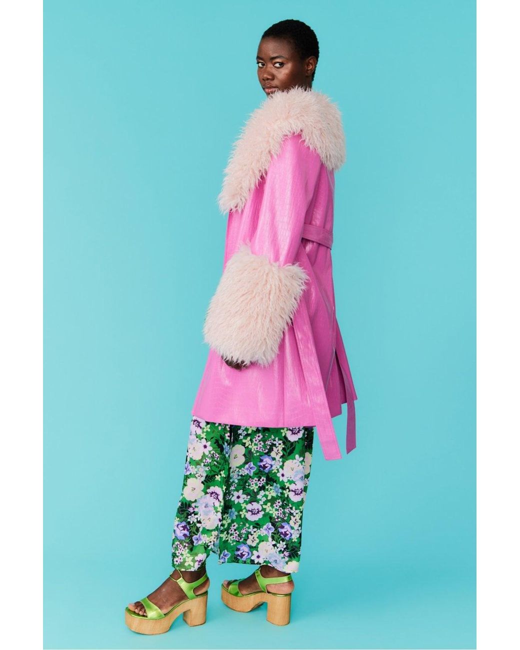 Jayley Green Eco Leather Trench Coat With Faux Mongolian Fur Cuffs And